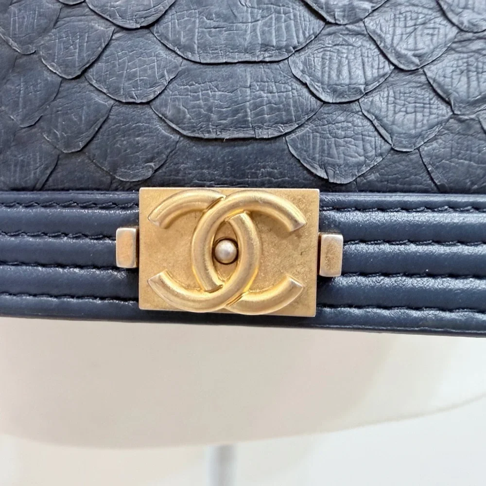 CHANEL O-Mini Boy Bag Python Exotic Leather Gold CC Lock Wallet on chain